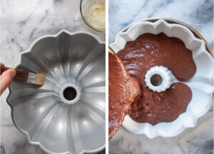 Left image is a hand brushing melted butter into a bundt pan. Right image is the cake batter being poured into the prepared bundt pan.