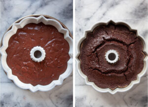 Left image is cake batter in a bundt pan ready to be baked. Right image is the cake baked in the pan.