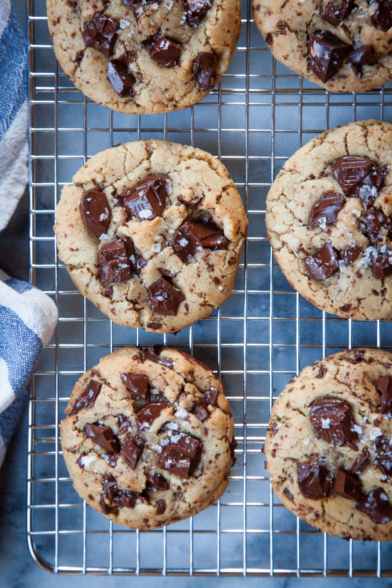 Olive oil chocolate chip cookies cooling on a wire rack.