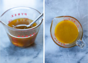 Left image is a glass measuring cup with extra virgin olive oil, vanilla extract, black pepper, egg and egg yolk in it, along with a small whisk. Right image is all the wet ingredients mixed together.