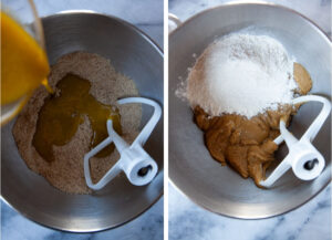Left image is half the wet ingredients being poured into the mixing bowl with dry ingredients. Right image is flour added to the mixing bowl for the dough.