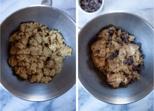 Left image is the cookie dough in a mixing bowl. right image is chocolate chunks mixed into the cookie dough.