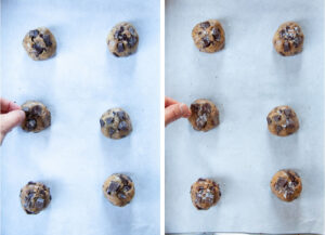 Left image is a hand adding more chocolate chunks to the cookie dough. Right image is a hand sprinkling flaky sea salt on top of the cookie dough balls.