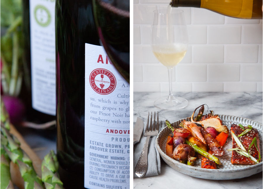 Left image is a close up of a wine bottle, showing the California Certified Sustainable label, with vegetables in the background sitting next to wine bottles. Right image is a a plate of miso-glazed salmon with roasted vegetables sitting on a marble surface with a fork and knife next to it. Behind is white wine being poured into a wine glass.