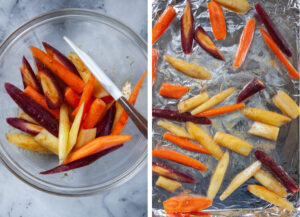 Left image is a glass bowl with miso-glazed rainbow carrots and a silicone spatula in it. Right image is a sheet pan lined with aluminum foil and the carrots on it.