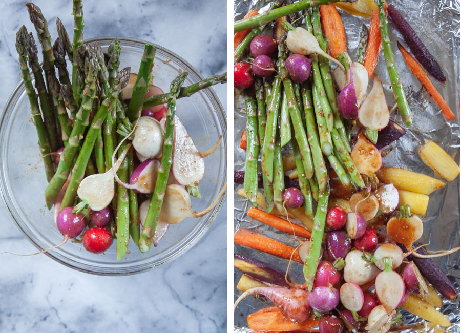 Left image is asparagus and radishes tossed in miso glaze in a glass bowl. Right image is vegetables in a sheet pan.