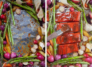 Left image is a sheet pan with miso-glazed vegetables pushed to the edges of the pan. Right image is salmon pieces placed in the center, with a brush putting more glaze on the salmon.