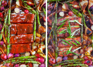 Left image is the sheet pan with miso-glazed salmon and vegetables on it. Right image is the food broiled and cooked, ready to be plated.
