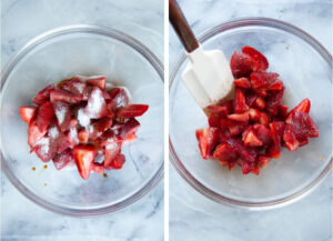 Left image is a bowl with quartered strawberries and sugar and balsamic vinegar sprinkled over it. Right image is a spatula in the bowl, and the ingredients mixed together.