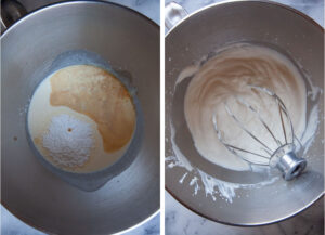 Left image is a heavy cream with powdered sugar and vanilla in a mixing bowl. Right image is a wire whisk attachment from a stand mixer that is sitting in whipped cream.