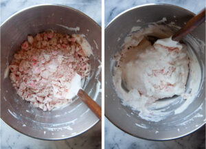 Left image is crushed meringues in the bowl with the whipped cream. Right image is the meringue mixed into the whipped cream.