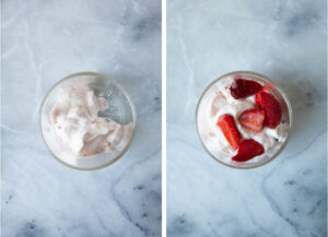 Left image is a double old fashioned glass with prepared whipped cream in it. Right image is the glass layer with strawberry sauce, more whipped cream, fresh strawberries and crushed meringue.