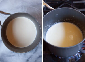 Left image is a saucepan with cream and milk in it. Right image is the saucepan on the stove, with bubbles forming around the edges as the dairy heats up.