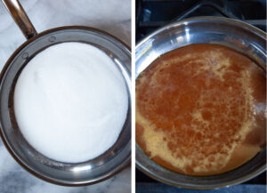 Left image is a skillet with white sugar in it. Right image is the same skillet on the stovetop, with the sugar melted into caramel.