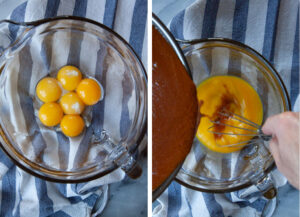 Left image is eggs yolks in a glass bowl sitting on a kitchen towel. Right image is hot caramel being poured into the yolks, with a hand stirring a whisk as the caramel is being added.
