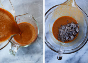 Left image is the caramel custard being poured into a glass measuring cup to be reserved as is. Right image is chopped chocolate being added to the remaining custard.