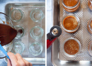 Left image is chocolate custard being added to the glass jars. Right image is water being added to a pan to create a water bath for the custards.