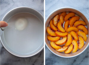 Left image is a cake pan being sprayed with cooking oil. Right image is peach slices arranged on the bottom of the pan.
