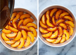Left image is caramel in a skillet being poured over peach slices in a cake pan. Right image is peaches coated in caramel in a cake pan.