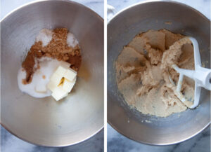 Left image is ingredients for the cake batter placed in the bowl of a stand mixer. Right image is the ingredients creamed together.