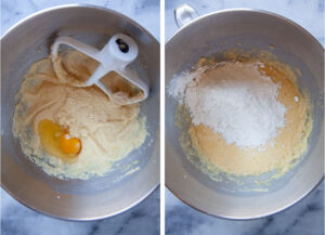 Left image is an egg being added to the cake batter. Right image is flour being added to the cake batter.