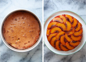 Left image is the cake baked in the pan, cooling. Right image is the cake flipped over onto a cake stand.