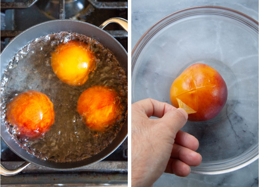 Left image is peaches boiling in water. Right image is a hand peeling the skin off a peach.