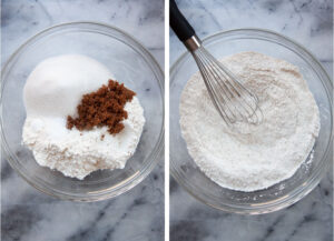 Left image is dry ingredients for Texas sheet cake in a bowl. right image is a whisk in the bowl, and all th ingredients whisked together until they content is uniform in color.