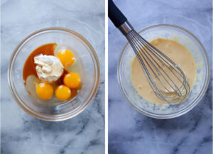 Left image is eggs, egg yolks, sour cream and vanilla placed in a bowl. Right image is a whisk in the bowl, and the contents whisked together.