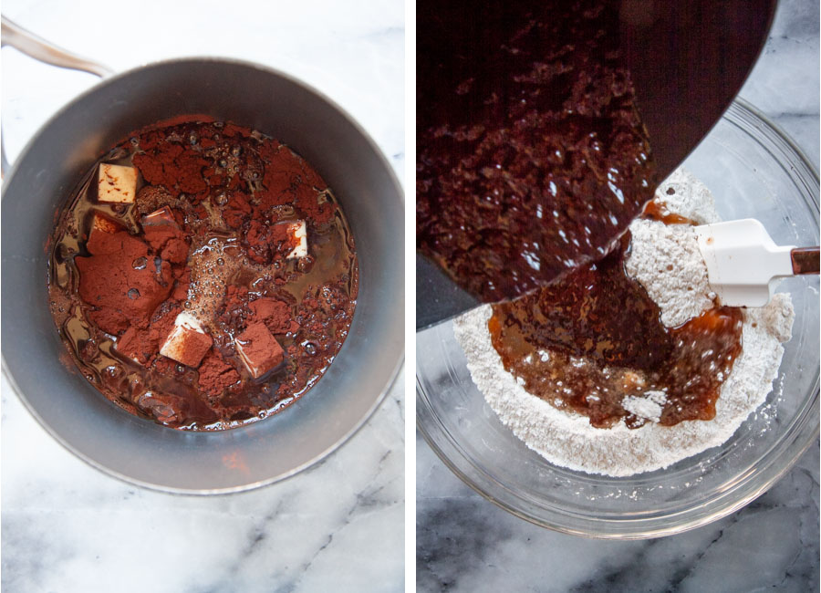 Left image is chopped chocolate, butter, cocoa powder, coffee, and oil in a saucepan. Right image is ingredients heated and melted together, being poured into the dry ingredients for the Texas Sheet Cake.