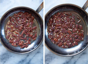 Left image is pecans in a skillet. Right image is the pecans toasted and slightly darker brown in the same skillet.