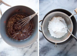 Left image is ingredients for the icing, including butter, cream, cocoa, salt, and salt, all melted in a medium-sized pot, with a whisk stirring it. Right image is powdered sugar in a sieve being sifted into the chocolate icing ingredients in the pot.
