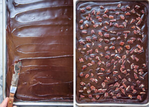 Left image is the icing being spread onto the warm Texas sheet cake. Right image is pecans sprinkled over the Texas sheet cake.