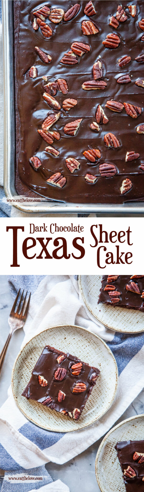 Top image is a Texas Sheet Cake in the sheet pan. Right image is a slice of Texas Sheet Cake on a plate, with two more slices of cake next to it, cropped slightly out of the photo.