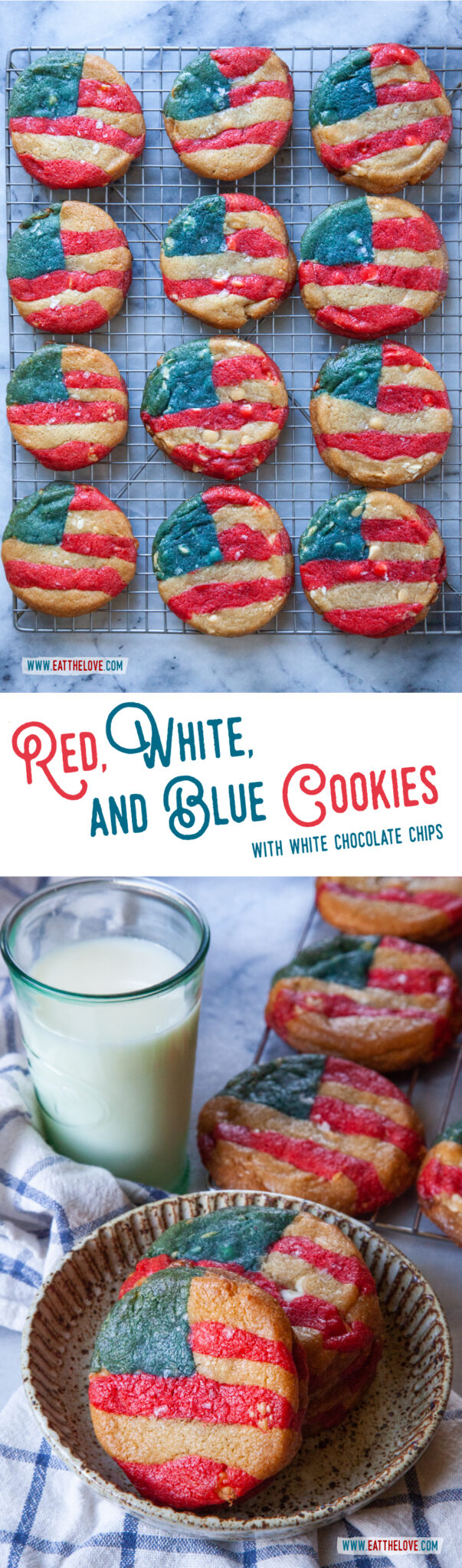 Top image is a red, white, and blue American flag-inspired cookies sitting on a wire cooling rack. Bottom image is red, white, and blue cookies on a plate, with more cookies on a wire rack and a glass of milk behind the plate.