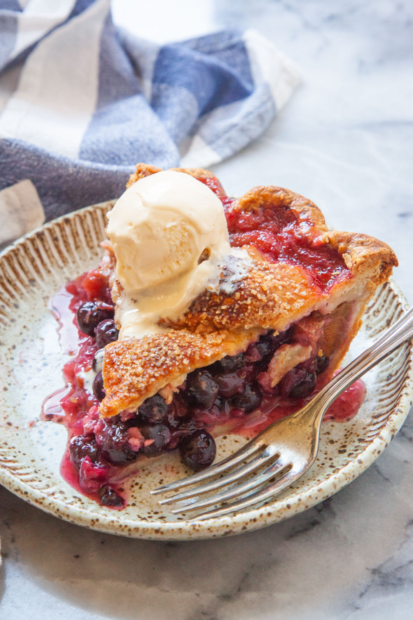 A slice of blueberry rhubarb pie on a plate, with a scoop of vanilla ice cream on it. 