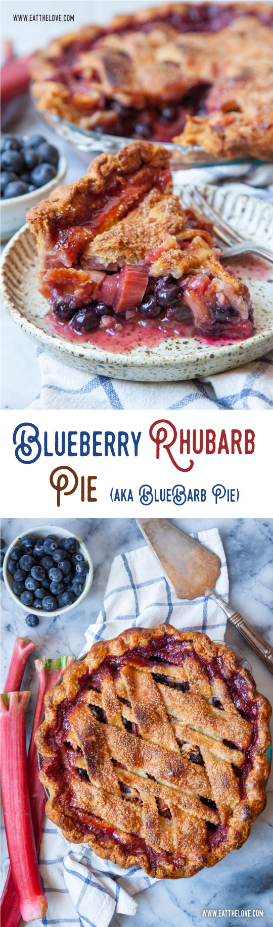 Top image is a slice of blueberry rhubarb pie on a small plate, with a bowl of blueberries and some rhubarb behind it. The remaining pie is also behind the pie slice. Bottom image is a blueberry rhubarb pie with rhubarb and a small bowl of blueberries next to it, along with a silver pie server.