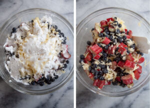 Left image is ingredients for the blueberry rhubarb filling in a glass bowl. Right image is the ingredients tossed together.