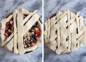 Left image is strips of pie crust on the top of the pie filling. Right image is strips of pie crust woven into a top over the blueberry rhubarb pie.