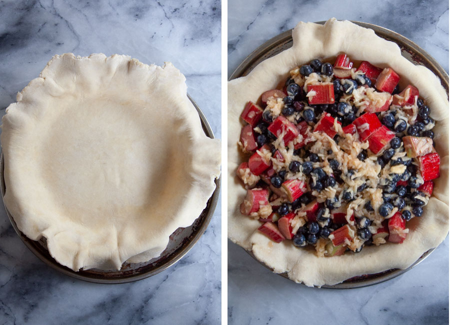 Left image is a pie pan with a bottom crust fitted into it. Right image is the pie pan with the crust filled with the blueberry rhubarb filling.