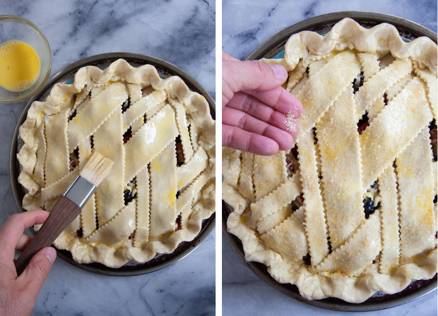 Left image is a hand brushing an egg wash over the top of the pie crust. Right image is a hand sprinkling turbinado sugar over the pie top.