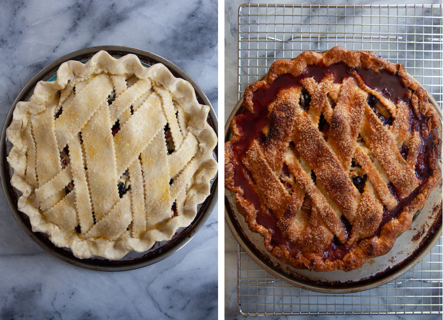 Left image is the unbaked blueberry rhubarb pie. Right image is the baked blueberry rhubarb pie.