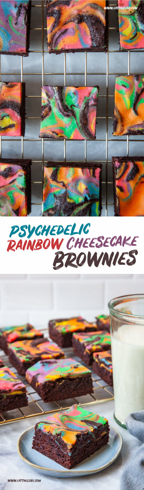 Top image is Rainbow cheesecake brownies sitting on a wire cooling rack. Bottom image is a single rainbow brownie on a small blue plate, with a glass of milk next to it. Behind the plate is a wire cooling rack of more rainbow cheesecake brownies.