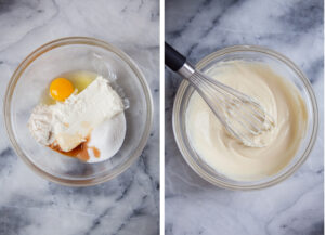 Left image is cream cheese, egg, sugar, vanilla and flour in a bowl. Right image is the ingredients beaten together smoothly with a whisk in the bowl.