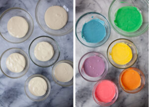 Left image is cheesecake batter divided into 6 bowl. Right image is the cheesecake batter colored into 6 different colors.