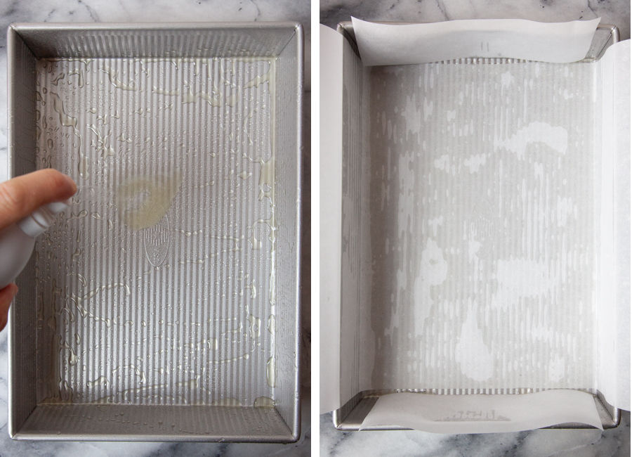 Left image is a hand spraying a pan with cooking oil. Right image is parchment paper lining the pan.