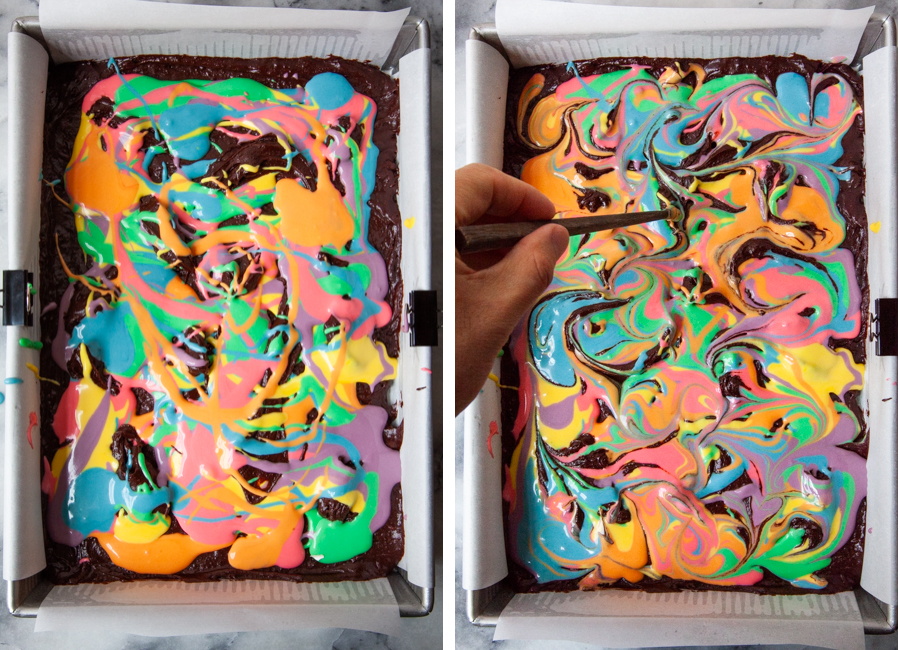 Left image is a pan with different colored cheesecake batter drizzled over brownie batter. Right image is a hand swirling the batter with a chopstick.