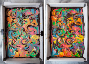Left image is the rainbow cheesecake brownies in a pan, ready to be baked. Right image is the brownies baked and cooling.