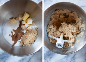 Left image is butter, white sugar, brown sugar, vanilla, baking powder, baking soda, and salt in the bowl of a stand mixer. Right image is all those ingredients mixed together, with the paddle attachment still in the bowl with the mixed ingredients.