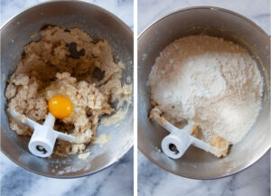 Left image is an egg added to the bowl of the cookie dough ingredients. Right image is flour added to the cookie dough ingredients.